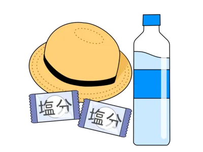 熱中症の原因と対策を説明。対策としては水分補給、塩分補給、帽子などがスタンダード